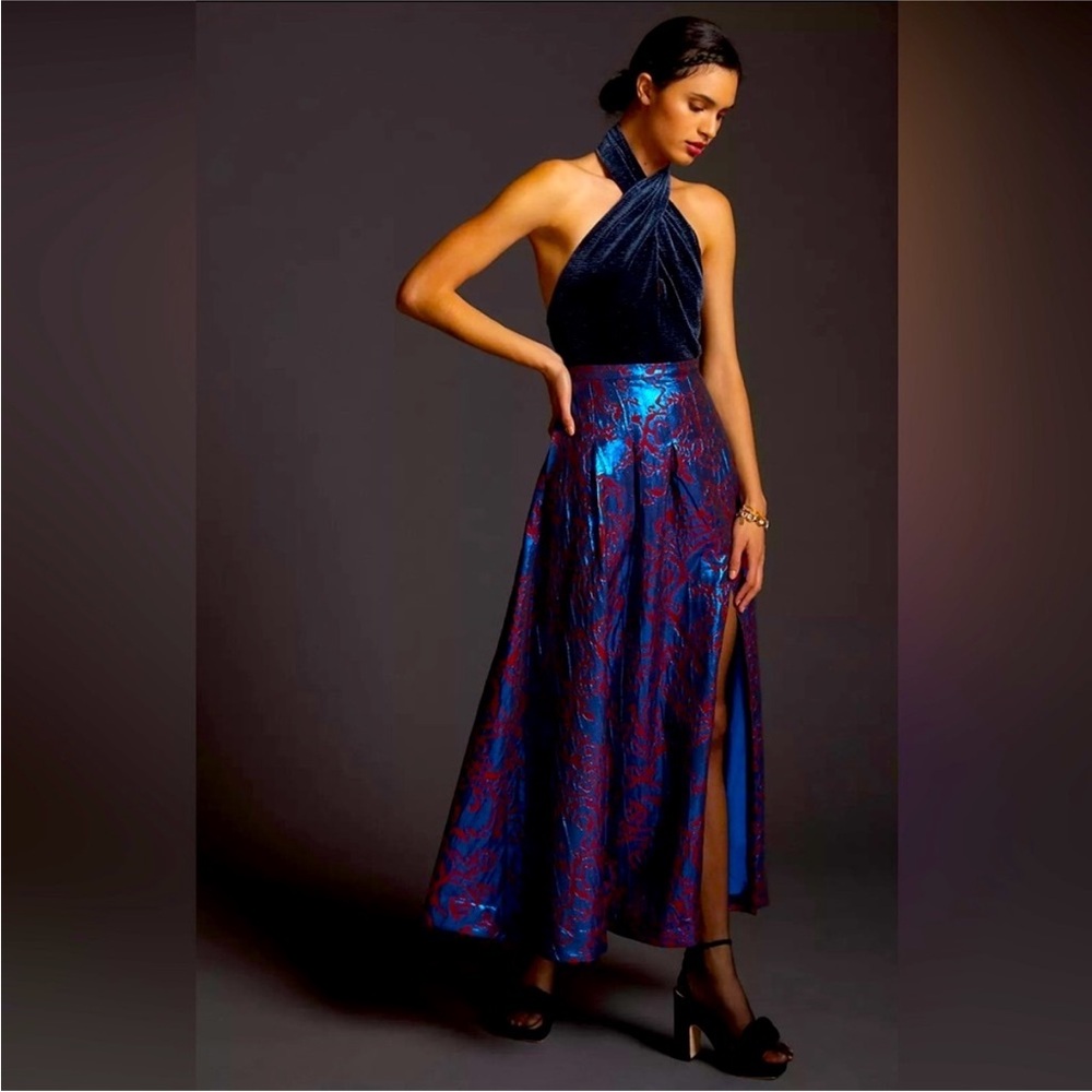 NWT ANTHROPOLOGIE MAEVE PLEATED SHIMMER MAXI SKIRT BLUE RED Size 4